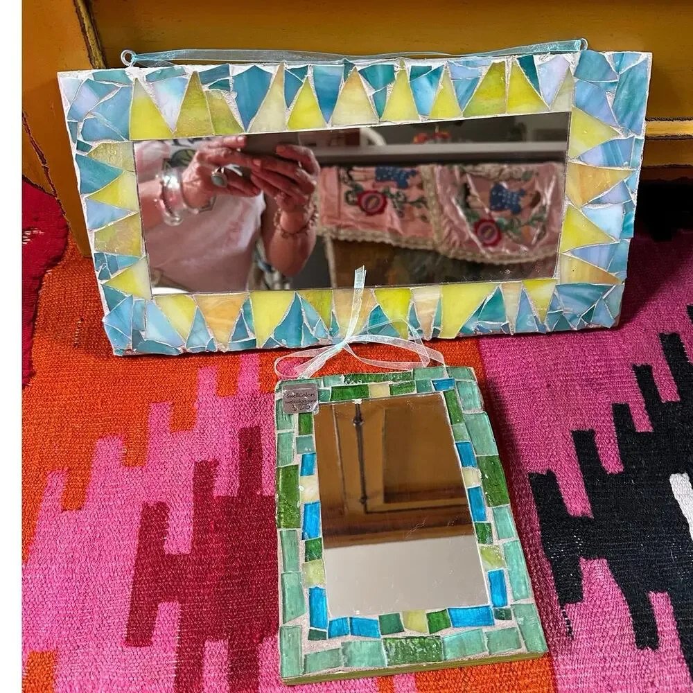 2 Vintage MOSAIC MIRRORS swell colors handmade bohemian green yellow 16x8”,8x6”